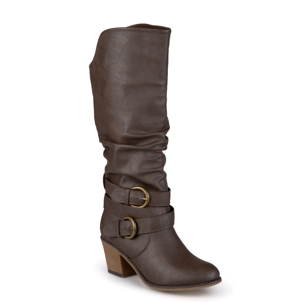 Wide Calf Slouch Buckle High Heel Boots